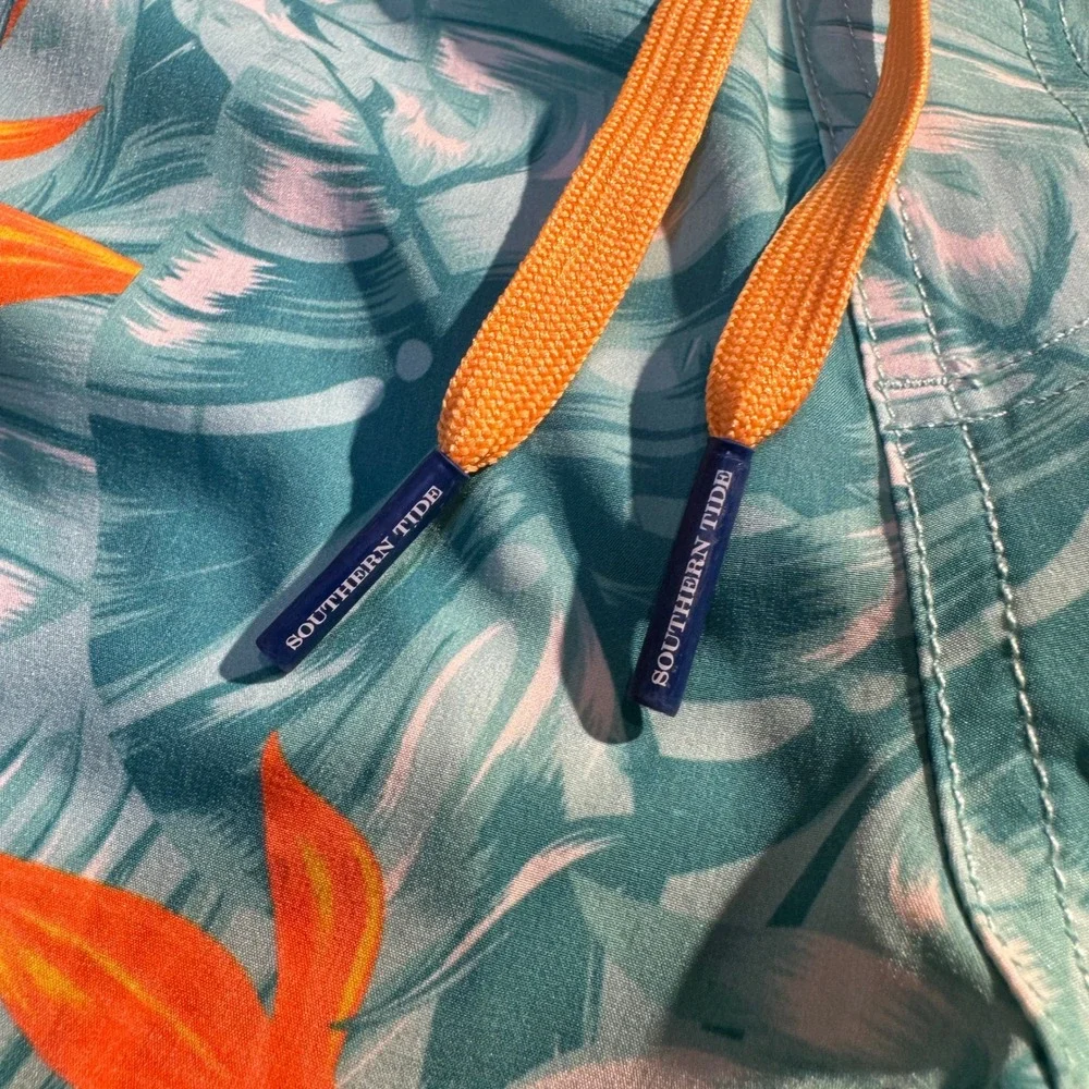 Southern Tide Men's Monstera Palm Swim Trunks Teal Orange Tropical Print Size L